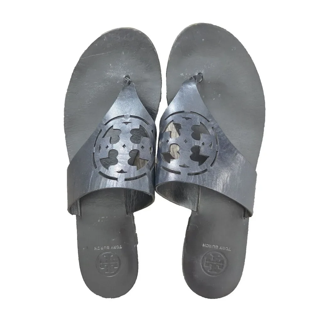 Tory Burch Zoey Women's Thong Sandals Size 10 Navy Leather Laser Cut Double T